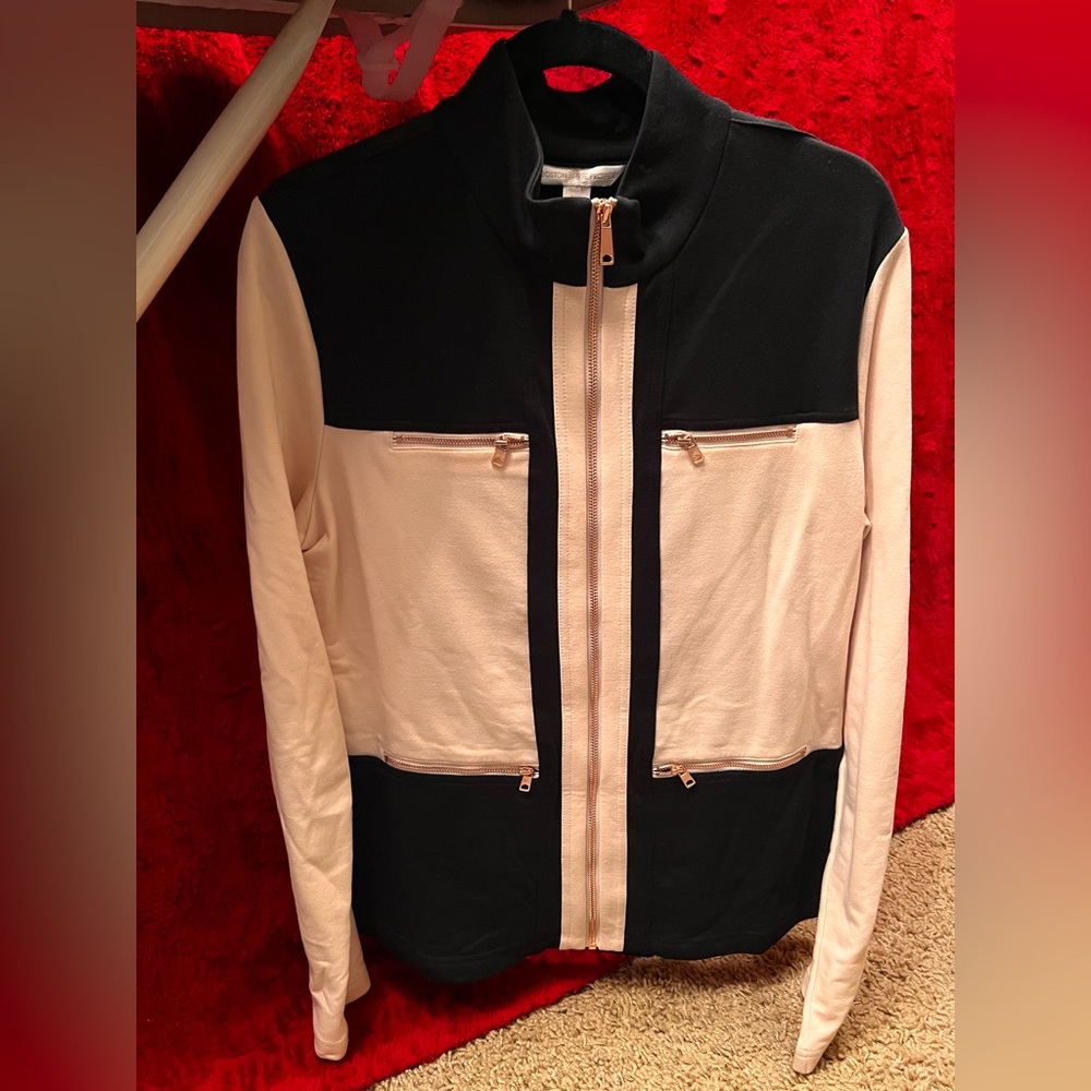Boston Proper Elegant Black and Peachy Cream Jacket with matching pants